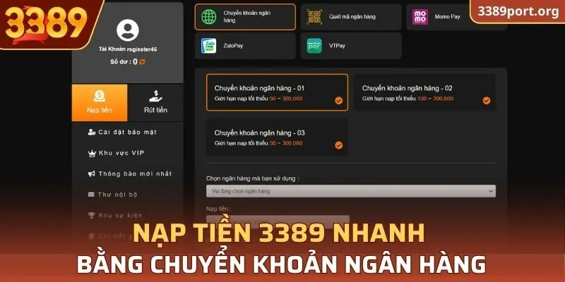 Nạp tiền 3389 bằng phương thức chuyển khoản ngân hàng